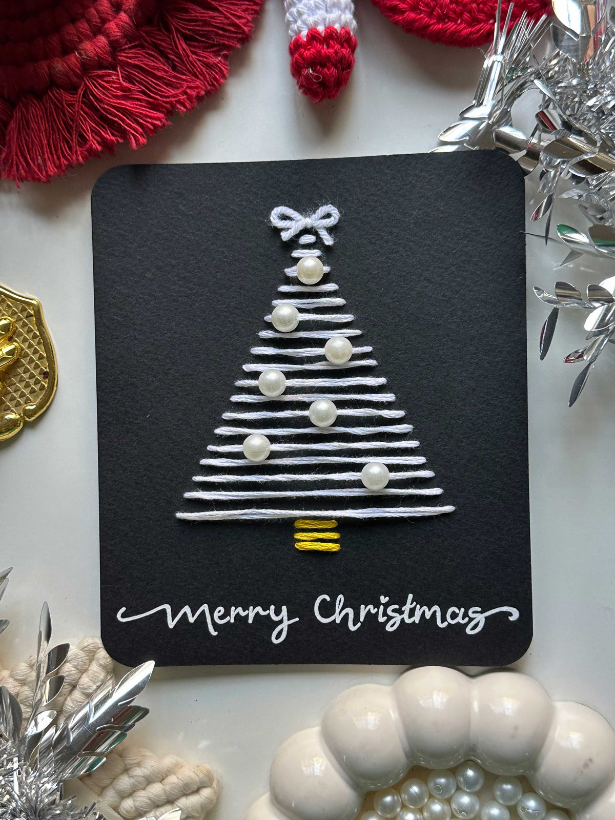 White Thread Christmas Tree Card